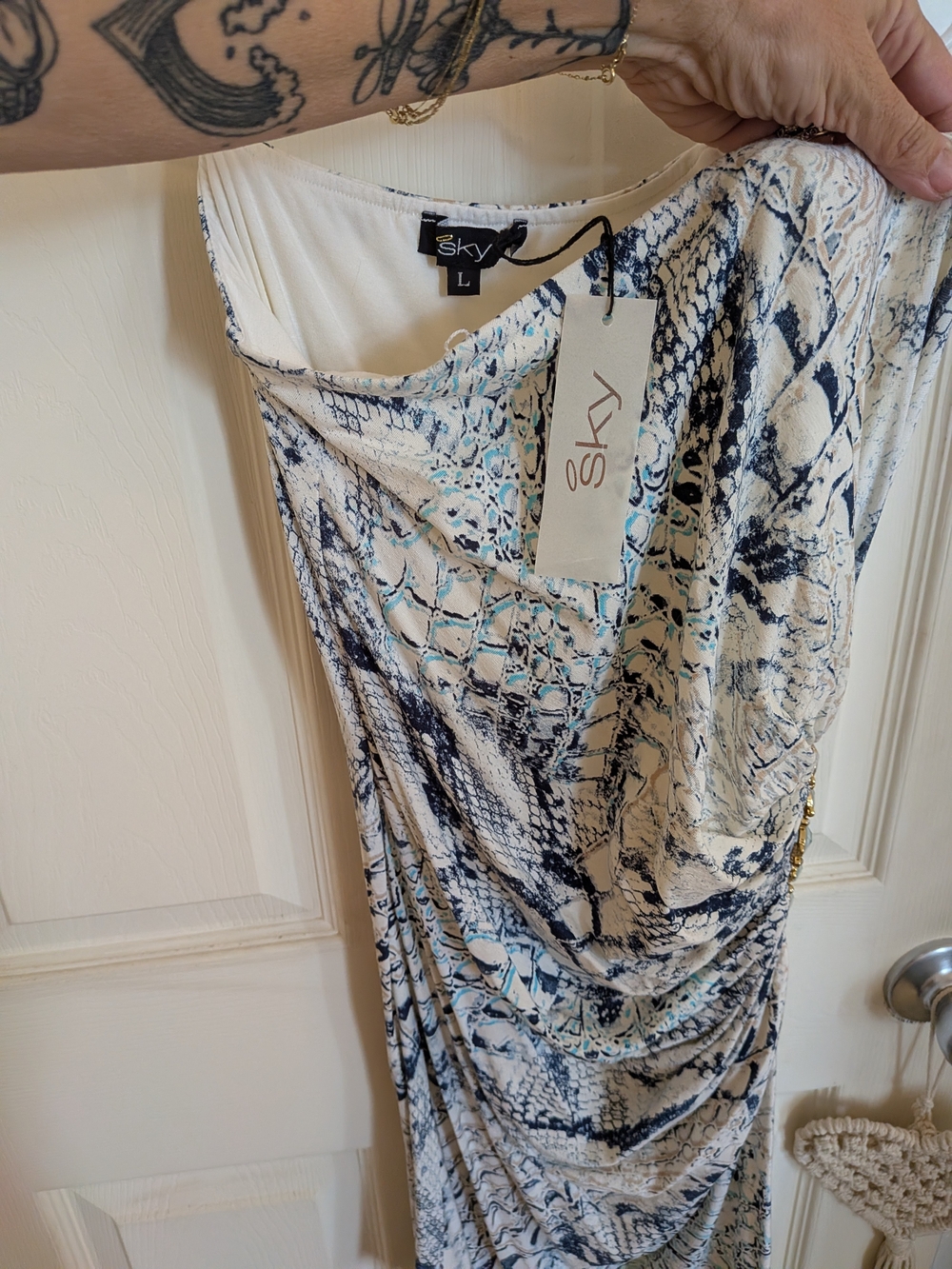 Sky Strapless Blue and White Snake-Print Dress, Size L, NWT